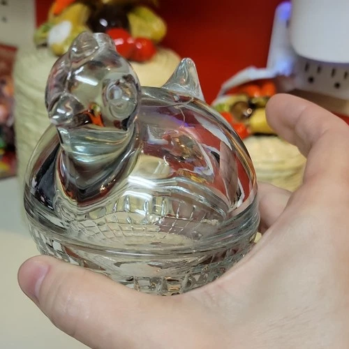 Vintage Anchor Hocking Clear Glass Nesting Chicken Sugar~Candy~Trinket Dish Bowl