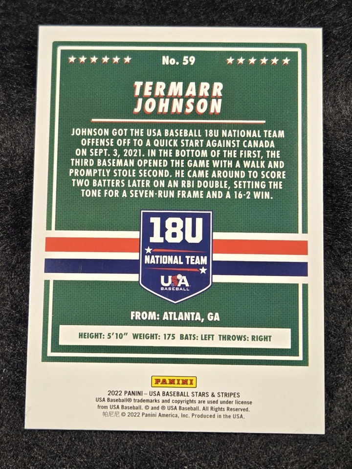 2022 Panini USA Baseball Stars And Stripes #59 Termarr Johnson USA Logo 14/25. - Image 2 of 2