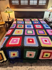 Fun Vintage Multicolor Granny Square Crochet Afghan with Fringe Handmade Throw