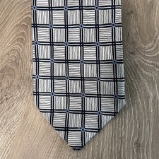 Jos. A. Bank Silk Tie Silver /Black / Blue Grid Geometric - Made In USA