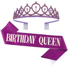 Crown and Sash for Queen Sash Rhinestone Tiara Set Party Decorations Purple...