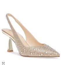NIB Betsey Johnson Gold Clark Rhinestone Slingback Heels 6.5 Prom Formal Wedding