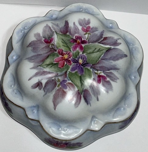Vintage Hand Painted Pink & Purple Floral Trinket Dish With Lid 3” T By 5.5” W - Picture 24 of 24