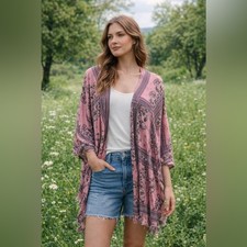 BKE Gimmicks Pink Handkerchief Frayed Fringe Hem Floral Kimono Cardigan Size L