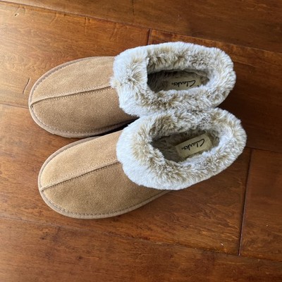 Clarks LB0573 Clog Brown Suede Slip On Faux Fur Lining Shoes Women's Sz 7 M New