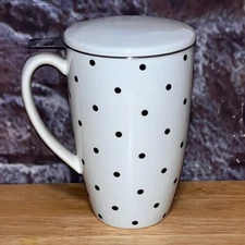 Sweese White Polka Dot Pocelin Tea Cup with Lid & Infuser 15oz Retired Color.