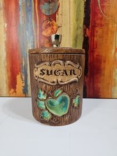 Vtg TREASURE CRAFT Faux Wood Grain SUGAR Canister Turquoise Apple Made In USA ๐