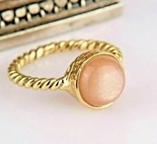 Gold Twist Peach Moonstone Rings, Handmade Band Ring With Round Gemstone