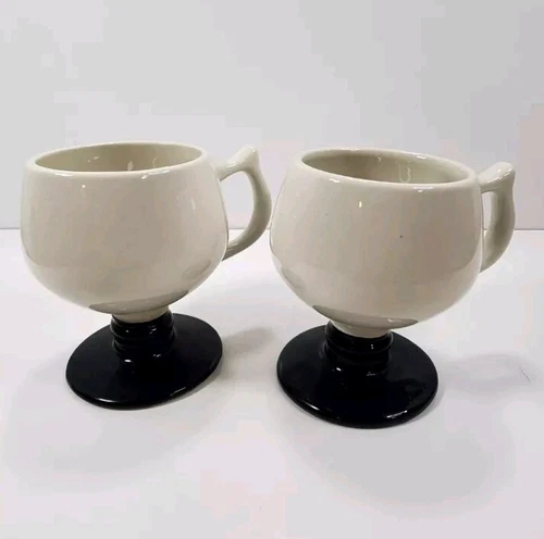 Vintage Set of 2 HALL Pottery White and Black Footed Glazed Coffee Tea Mugs USA