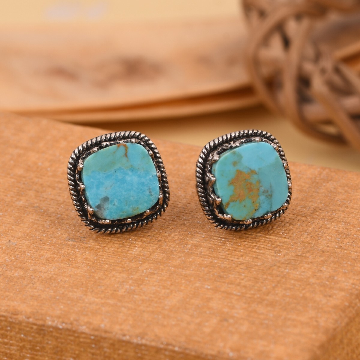 Genuine Kingman Turquoise Cushion 925 Silver Oxidized Stud Earrings Jewelry