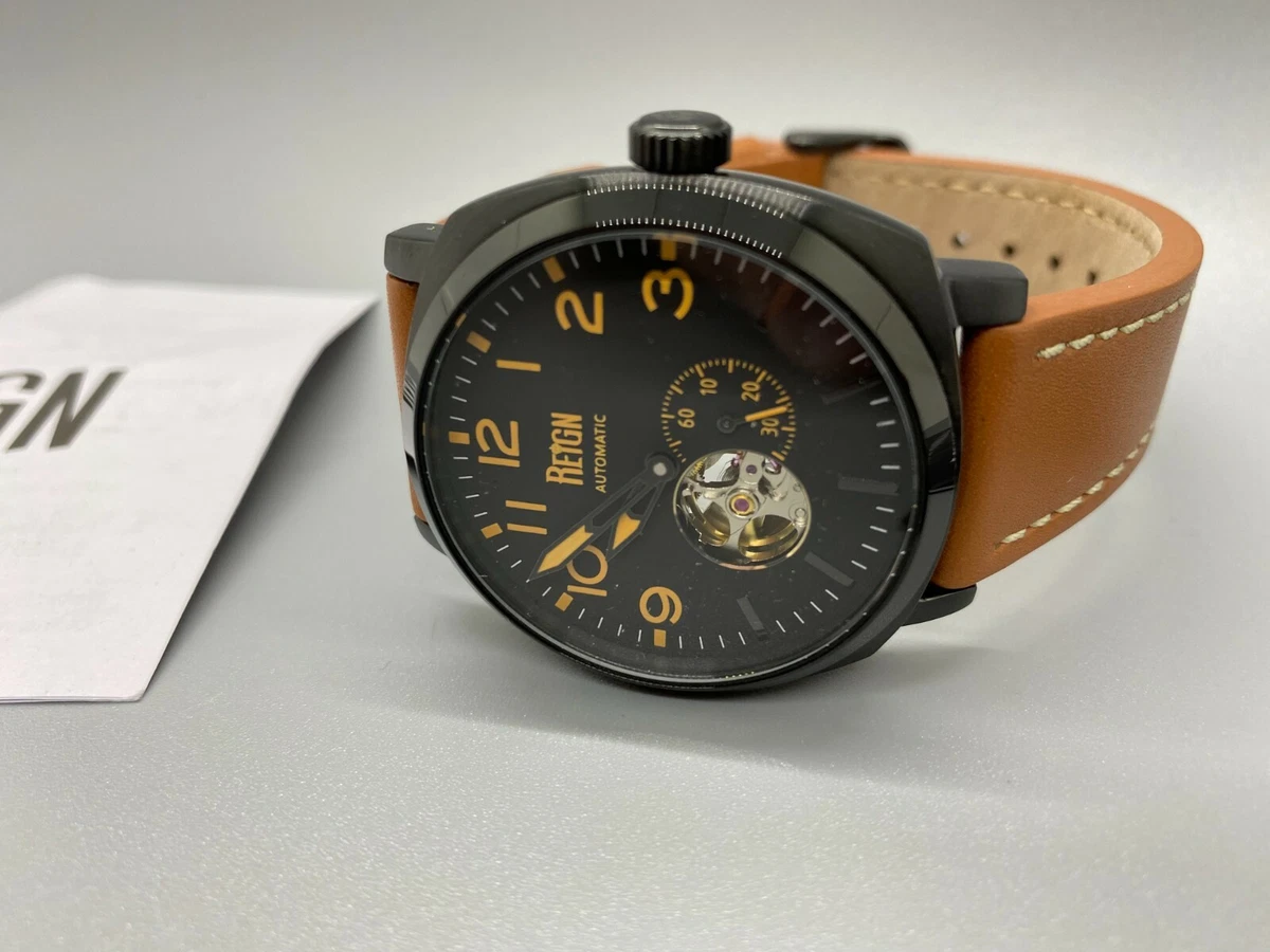 Reign Napoleon Automatic Semi Skeleton Watch 5805 Black Dial Brown Leather Strap