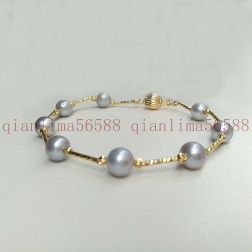 Excellent 7.5-8" Natural Akoya AAAA 8-9mm Gray Round Pearl Bracelet 14k Gold P - Picture 2 of 5