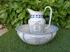 ancien ensemble toilette broc cuvette tôle émaillée bleu blanc Austria