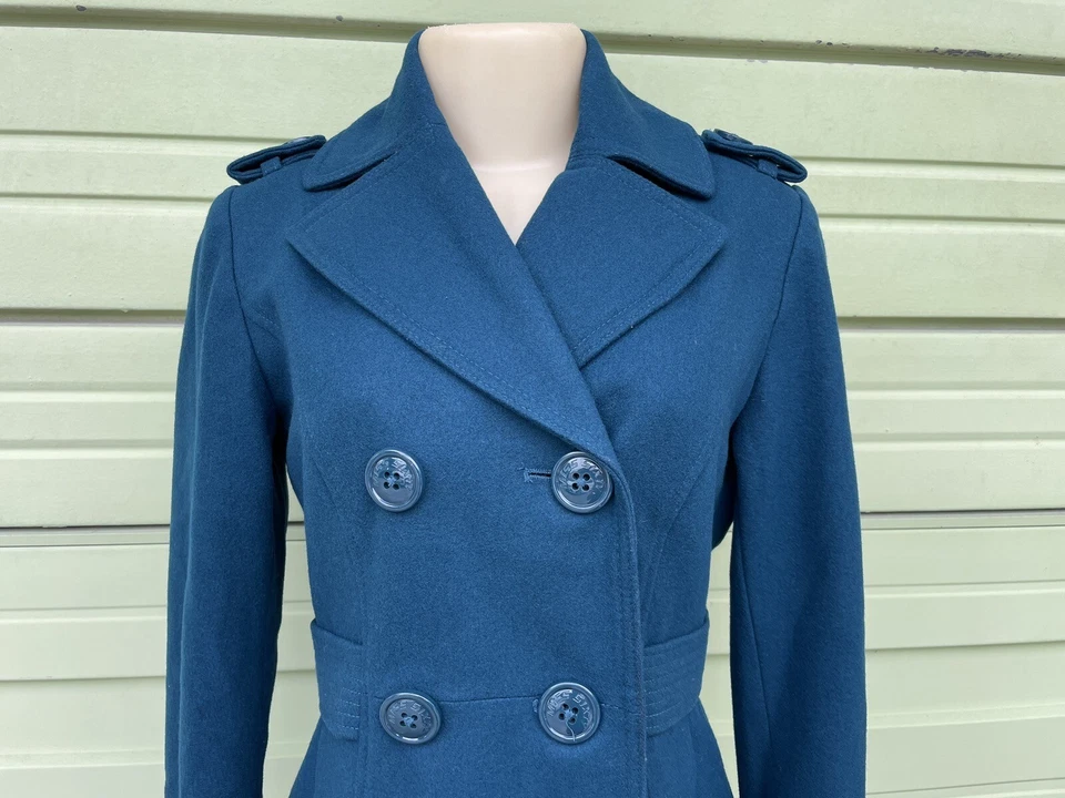 M60 Miss Sixty Women Dark Blue Green Double Breasted Wool Belted Pea Coat Size S - Image 2 of 4