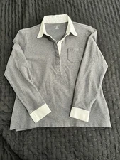 Lands’ End Women’s Gray Long Sleeve Polo Shirt Size M White Collar & Cuffs