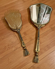 Stylebuilt Hollywood Regency Boudoir Decor Gold Hand Mirror and Brush Set