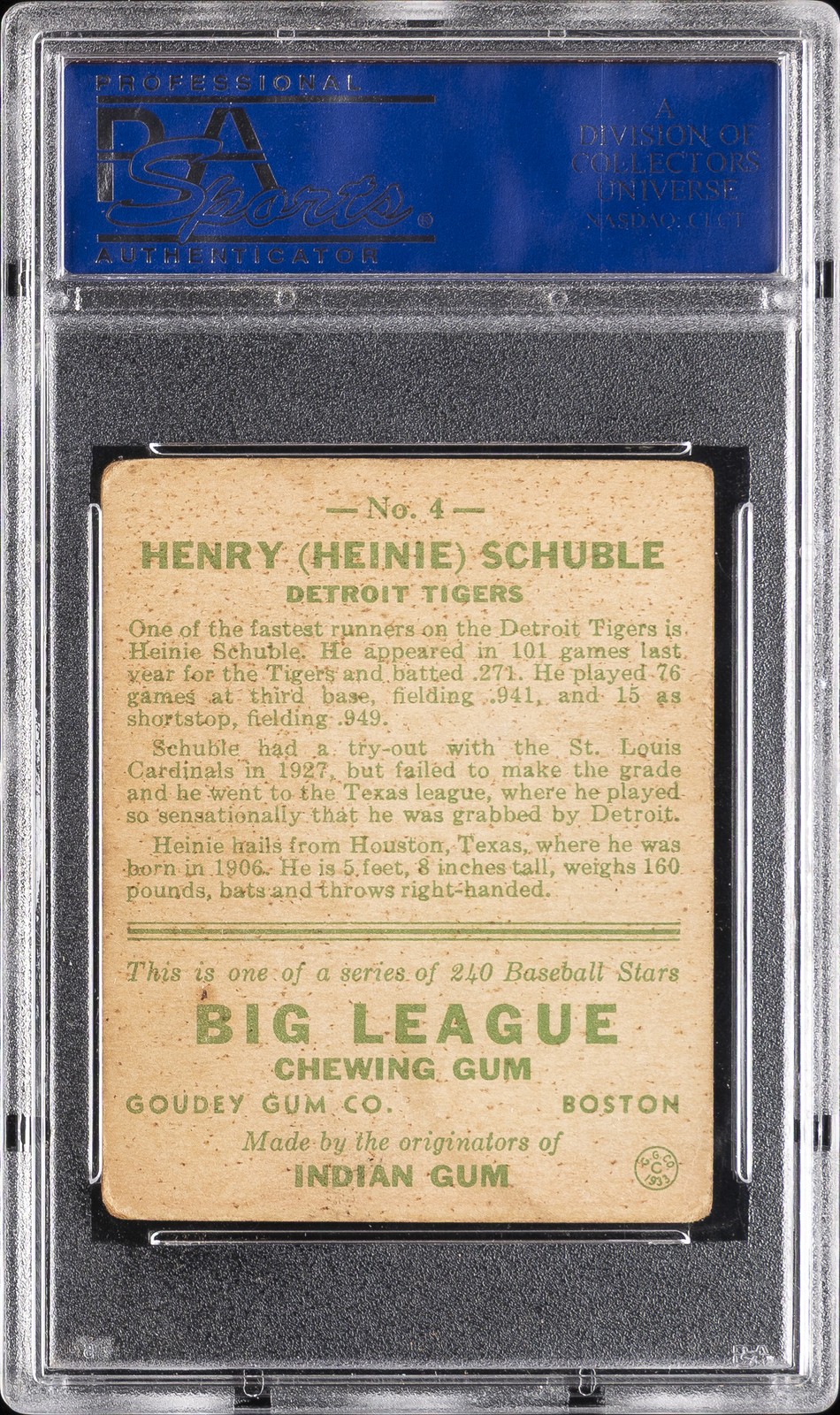 1933 GOUDEY #4 HEINIE SCHUBLE PSA 3 view 2