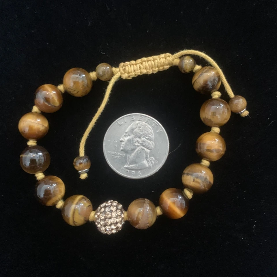 Pulseira de pedra preciosa olho de tigre ajustável feita à mão contas de strass 10,5 mm HSN - Imagem 4 de 4