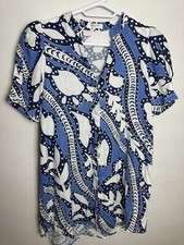 Lanhtropy Athina Linen Dress Puff Sleeve Women's Size Medium Button Front Blue
