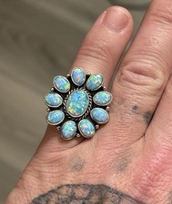 STERLING SILVER NATIVE AMERICAN SOUTHWEST FIRE OPAL FLASH ADJ CLUSTER RING .925