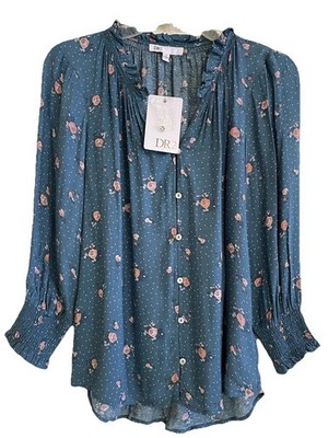 DR2 Tops Womens XS Floral Print Long-Sleeve V-Neck Blouse NWT Cottage core Green