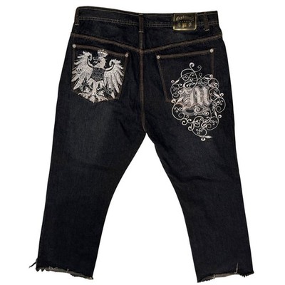 Y2K Makaveli Branded Hip-Hop Mens Embroidered Denim Jeans Eagle Dark Wash Sz 40