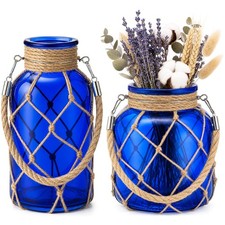 Set of 2 Coastal Vase Cobalt Blue Dry Flower Vase with Rope