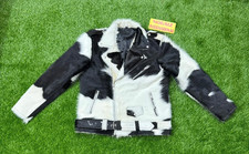 Men's Genuine Cowhide Hair On Leather Jacket Black  White Biker Style