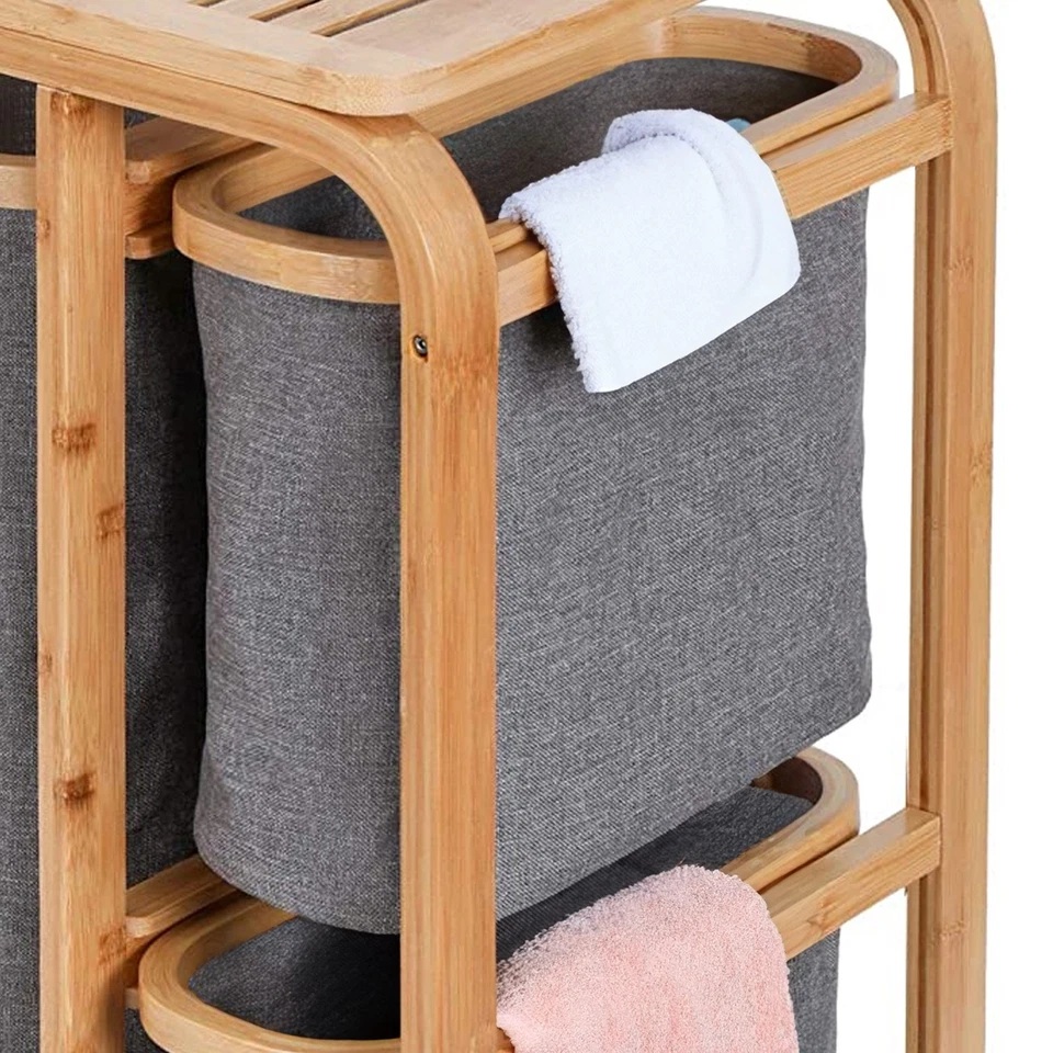 Wäschekorb aus Bambus mit Drei Wäschesack Badezimmerregal Badregal Grau - Bild 2 von 4