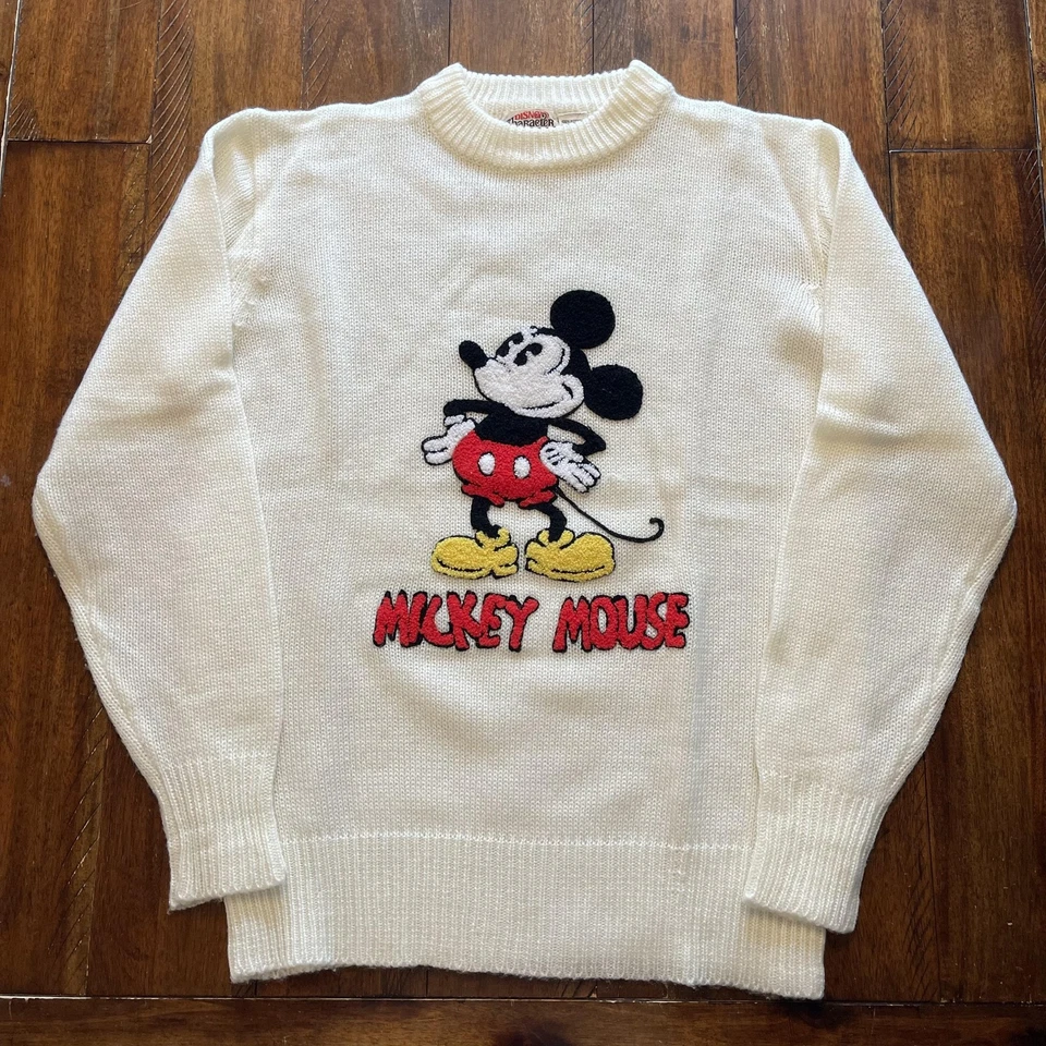 Suéter de Colección Disney Mickey Mouse Para Hombres Mediano Blanco Tejido Cuello Redondo Pullover Años 80 Foto 2 de 4