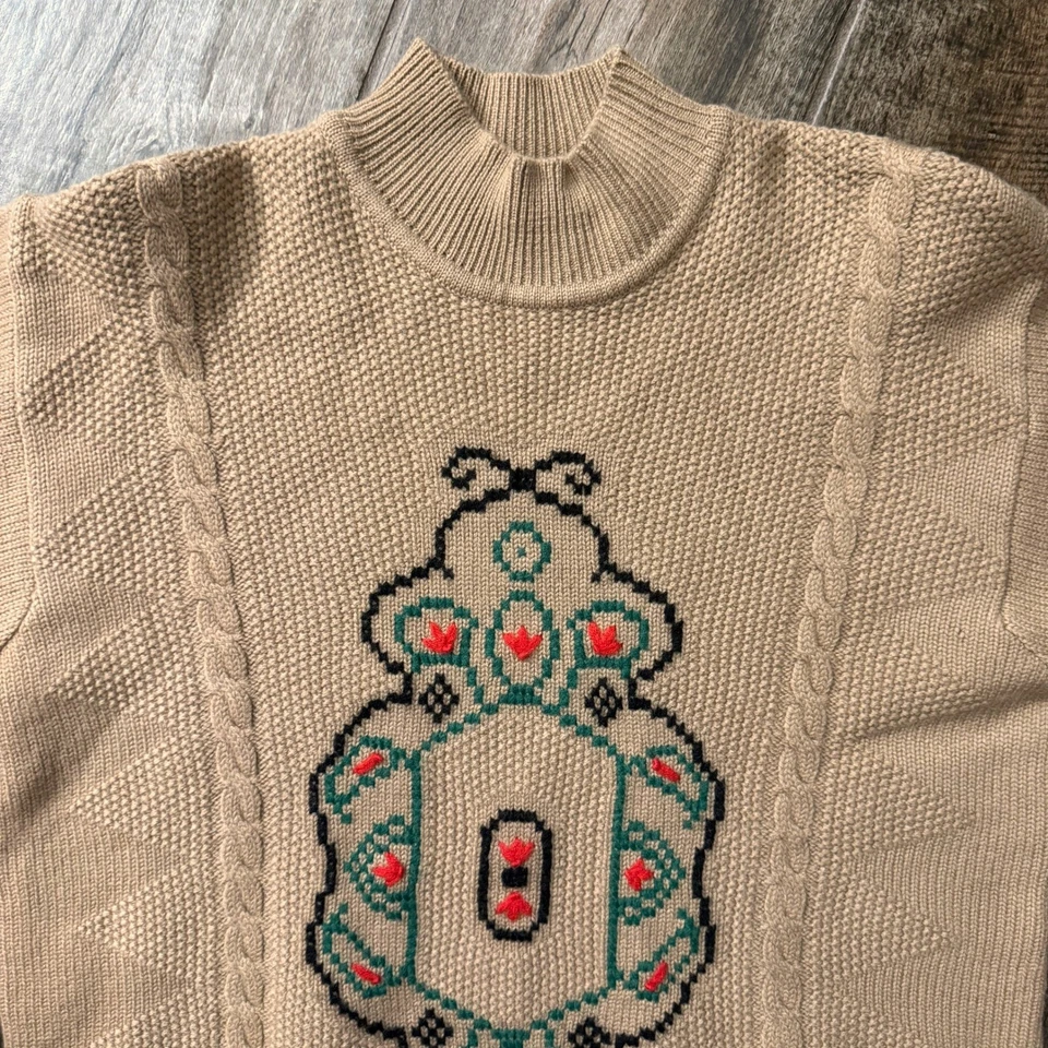 Suéter Liz Claiborne Vintage Mujer Geo Patrón Cuello Simulado Lana Merino, Bronceado, M Foto 4 de 4