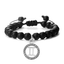 Adjustable Gemini Charm Bracelet 8mm Black Onyx Beads Gold or Silver Charm