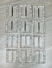 Vintage 12pc Silver Rhinestone Buckle Rectangular Sliders for Ribbon 1 DIY