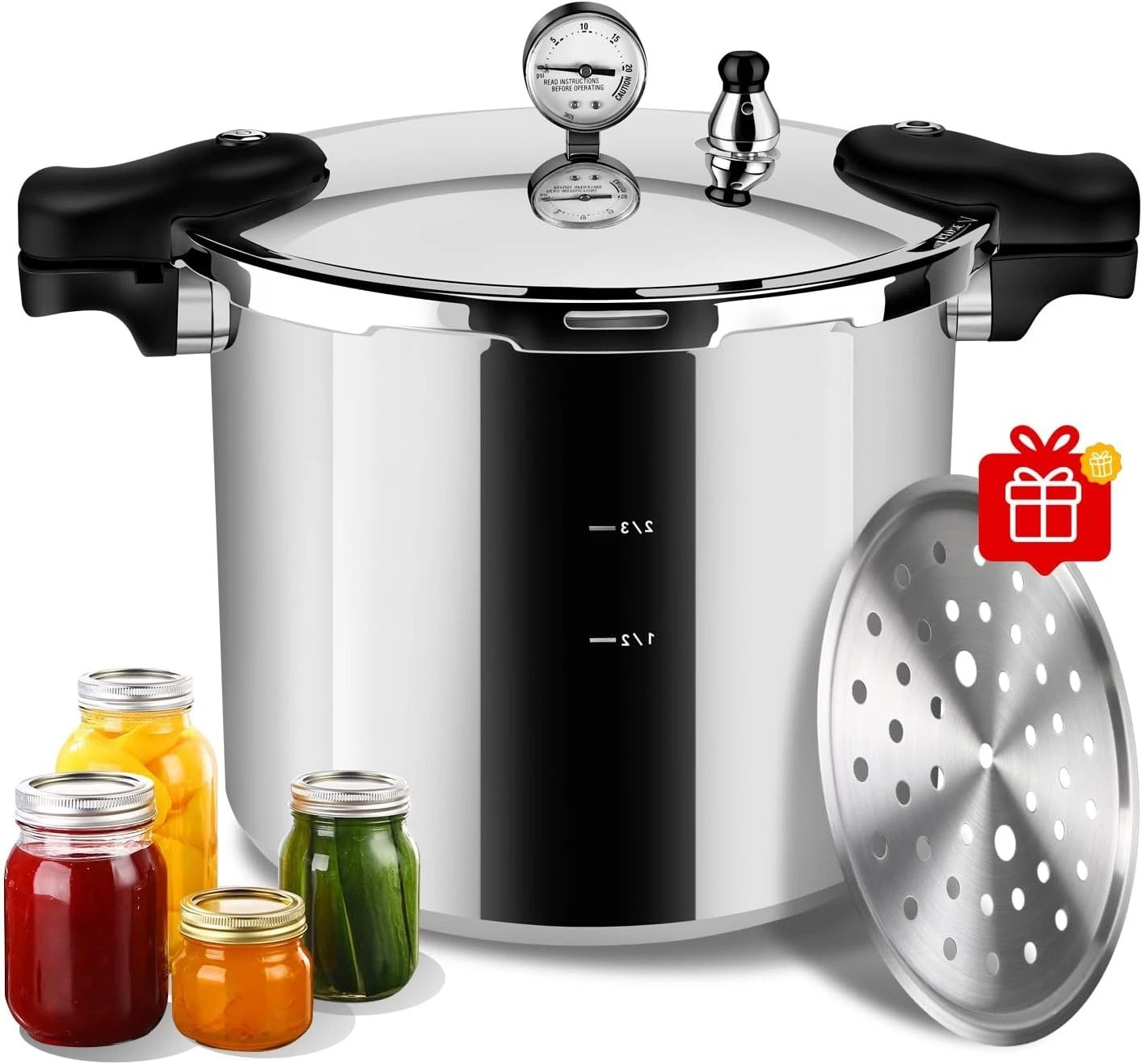 Extra Large Capacity 24 Qt Pressure Canner Cooker w/ Gauge Release Valve Silver