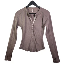 Free People Movement Kick Off Ribbed Henley Layer Top Sz M Driftwood Brown Warm