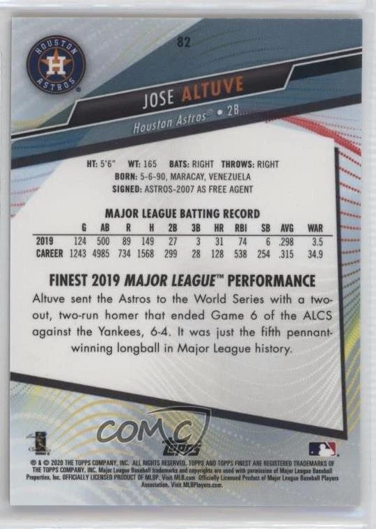 2020 Topps Finest Gold Refractor /50 Jose Altuve #82 - Image 2 of 2