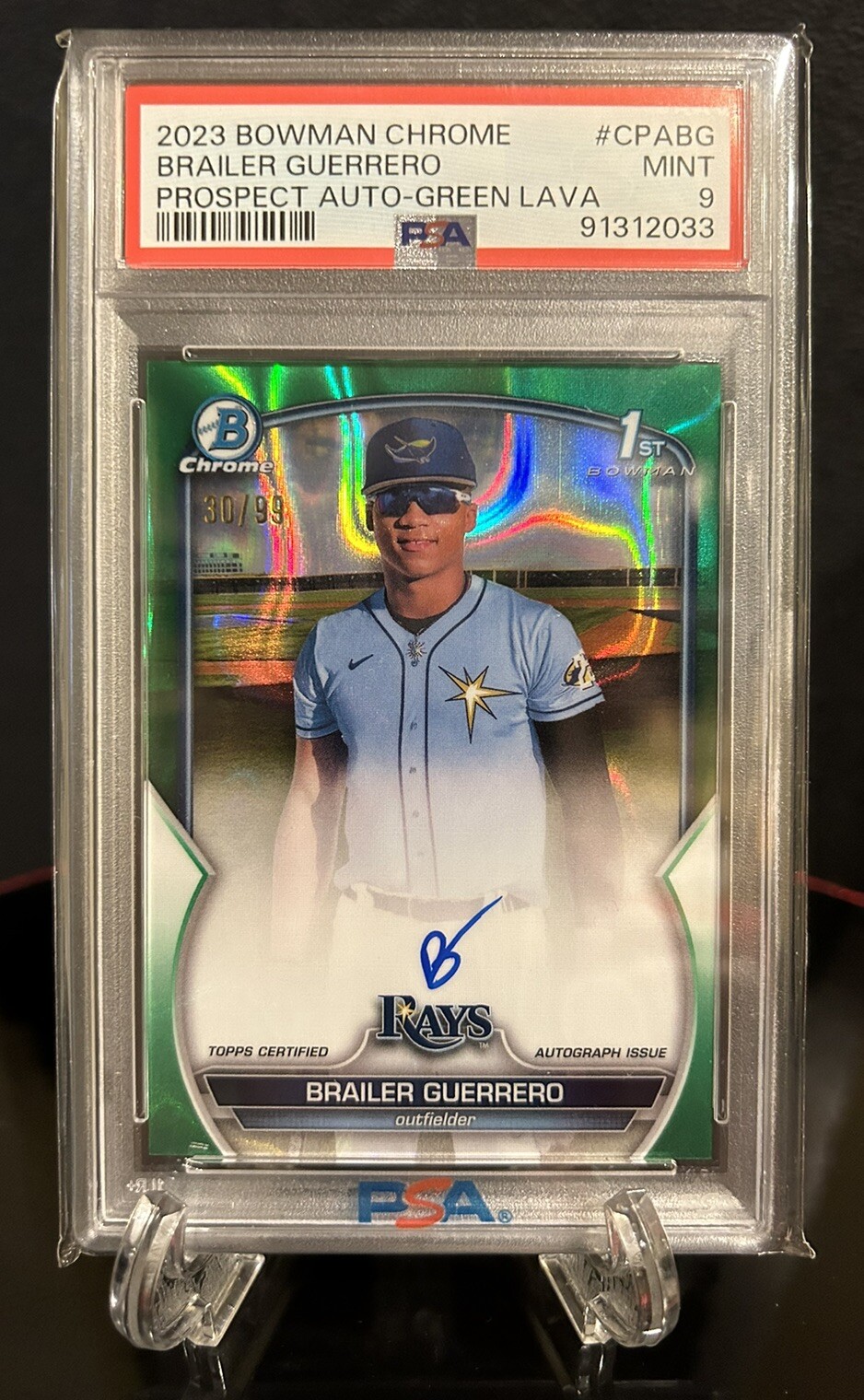 2023 Topps Bowman Chrome 1ST GREEN LAVA AUTO BRAILER GUERRERO /99 PSA 9