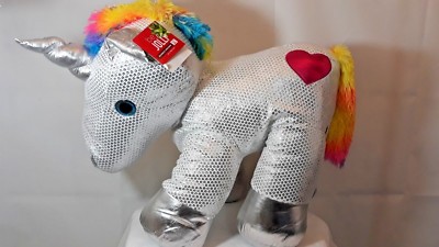 Dan Dee Sparkle Unicorn Pony Silver Metallic Plush Stuffed Rainbow Mane 20''