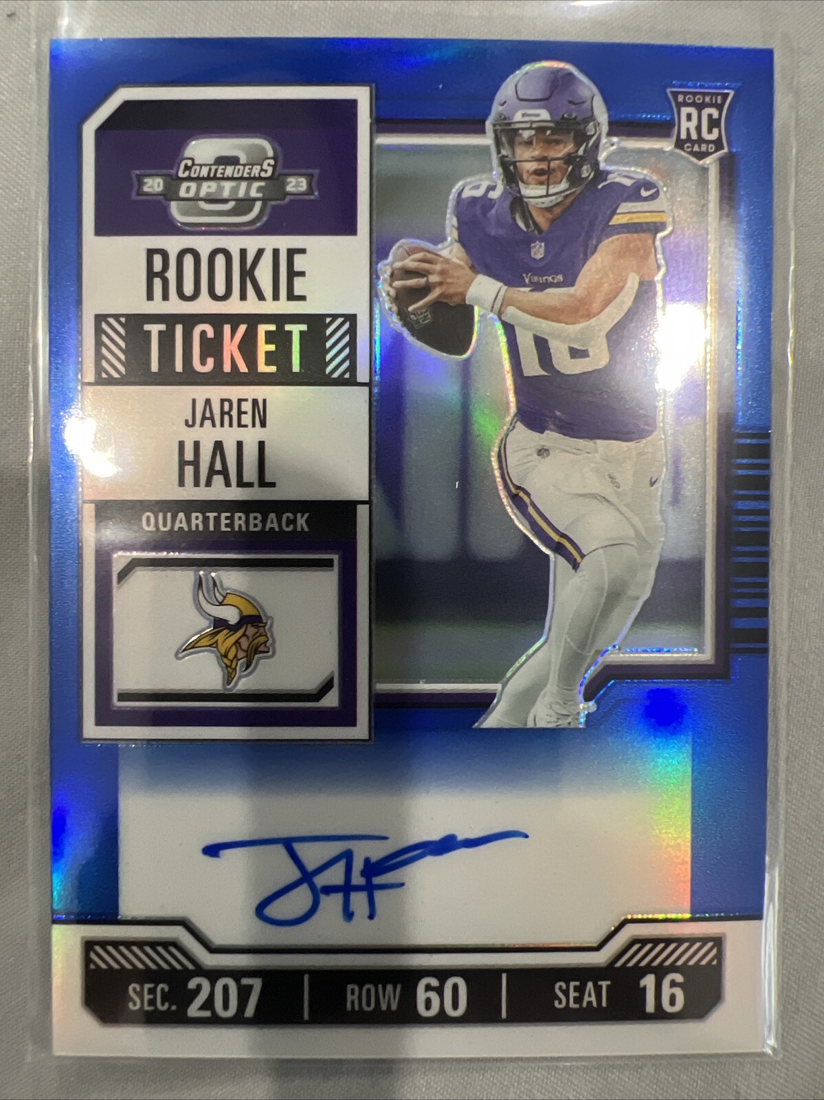 2023 Contenders Optic #116 Jaren Hall Blue Rookie Ticket Auto /75 Vikings 🔥🏈💎