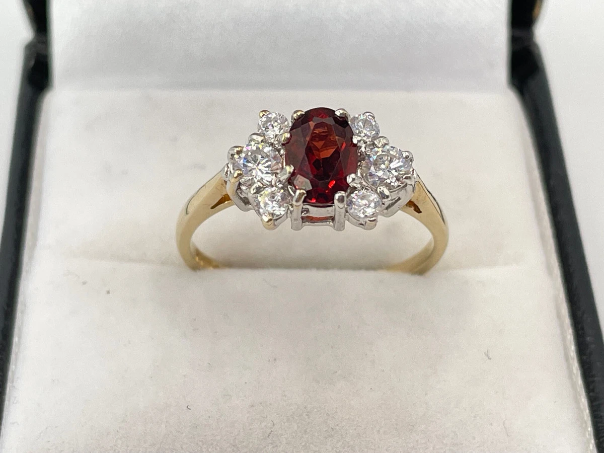 9ct Gold Hallmarked Garnet Cubic Zirconia Cluster Ring. Goldmine