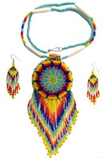 YELLOW BLUE SEED BEADED NATIVE STYLE INSPIRED NECKLACE EARRINGS SET S53/9