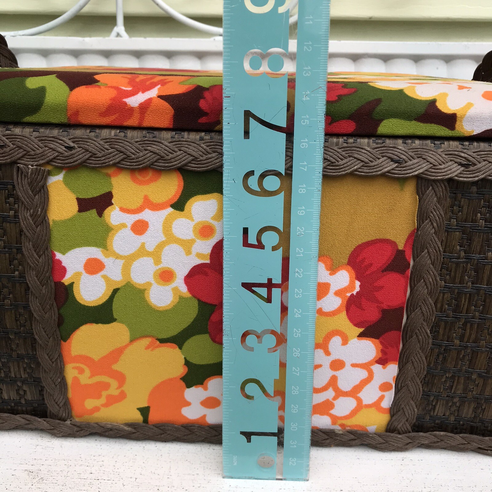 Vtg MCM Groovy 70s Orange Yellow Floral Wicker Storage Sewing Basket w Craft Bk