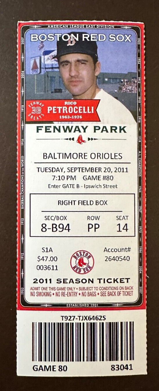 Boston Red Sox 9/20/2011 ticket stub vs Baltimore Orioles - Rico ...