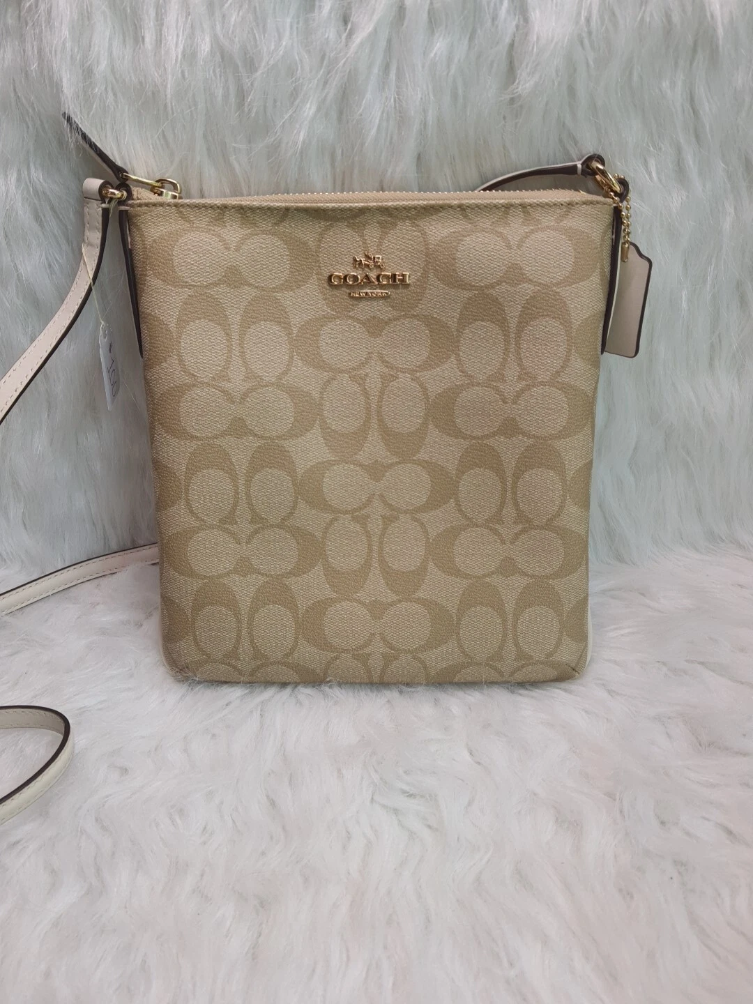 Coach Tracolla Piccola Firmata Logo Cachi Chiaro e Crema