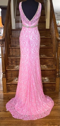 Vienna Prom Long Lace Gown Pink AB Crystal Accent Waist Size 10 NWT - Picture 6 of 10