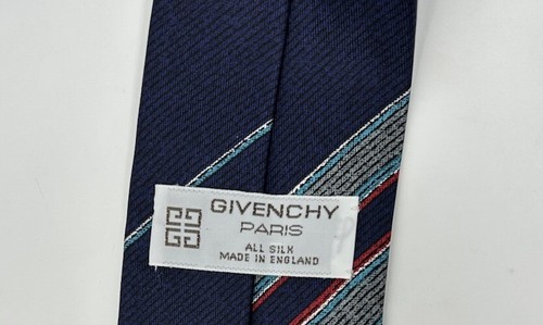 Corbata Givenchy Paris Seda Cuello 57"x3" Azul Marino con Rojo Blanco Verde azulado Rayas De Colección - Imagen 4 de 7