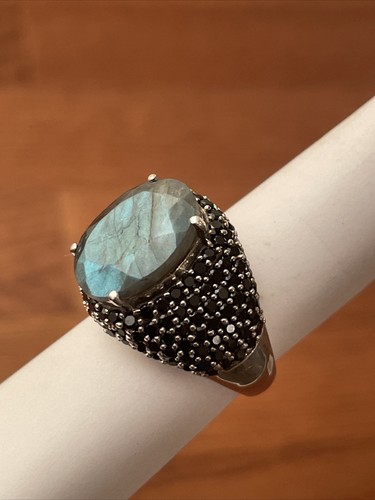 Sterling Silver Labradorite & Black Pave Stones Size 9.25 Ladies Ring