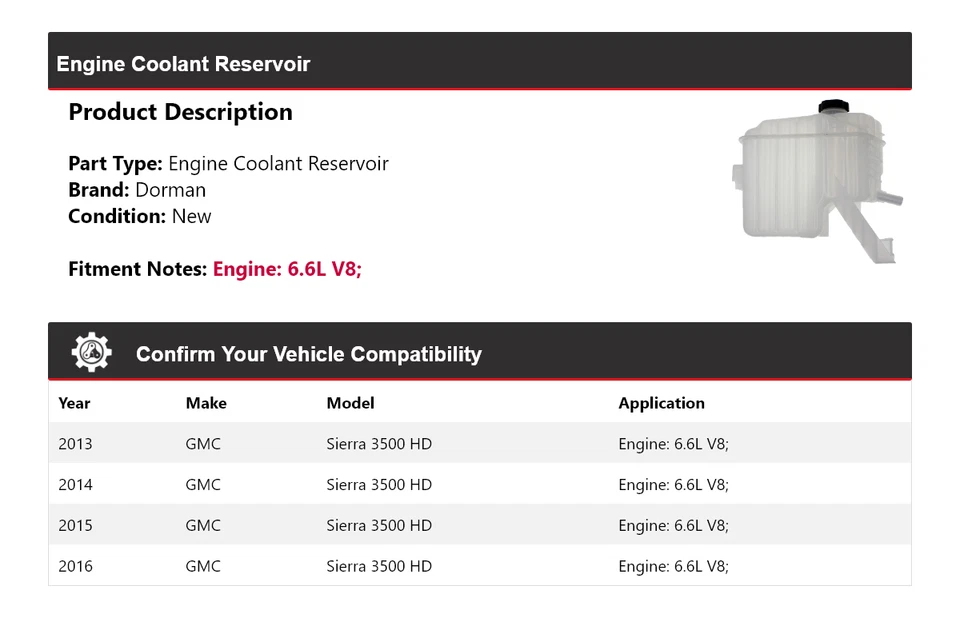 Para GMC Sierra 3500 HD 2013-2016 6,6 L V8 motor Dorman depósito de refrigerante 2014 Foto 2 de 4