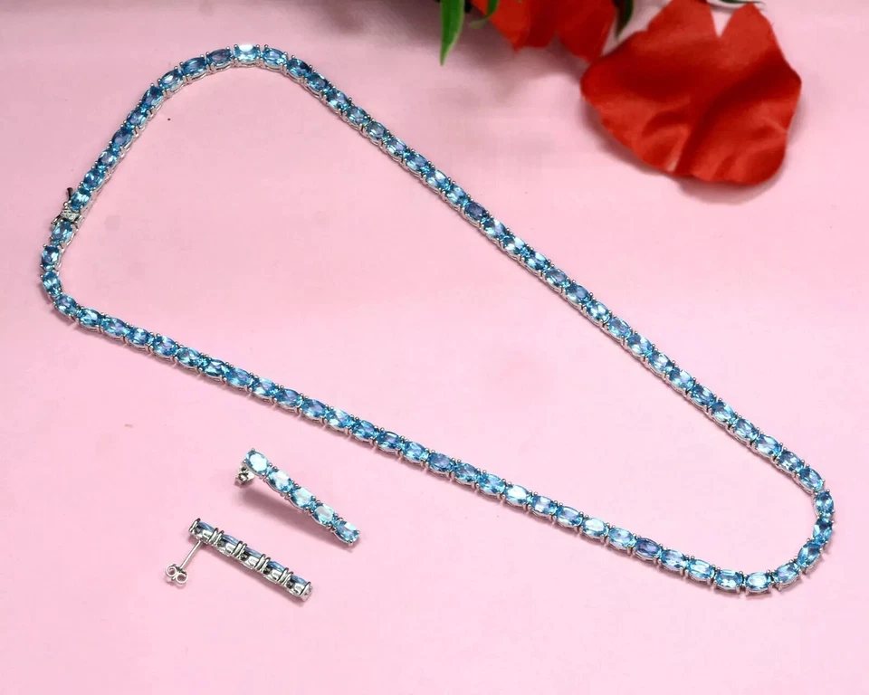 40 Ct Oval Lab-Created London Blue Topaz Tennis Necklace Earrings Set 925 Silver - Image 3 of 4