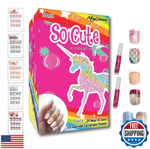 MayQueen 120 PCS 5 Pack Children Artificial Fake Nails With Two Glues Full Co - Bild 1 von 5